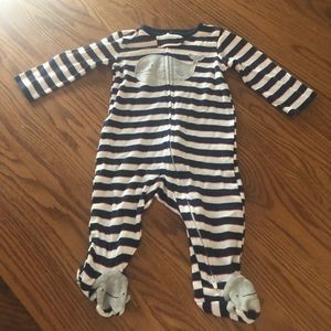 6/$20 Just One You by Carter’s navy blue, maroon, & white striped whale footie6M